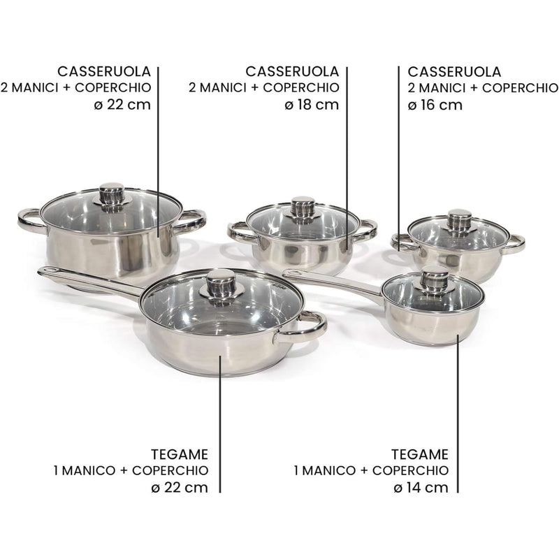 Batteria di Pentole in Acciaio da 10pz Cucina Italiana