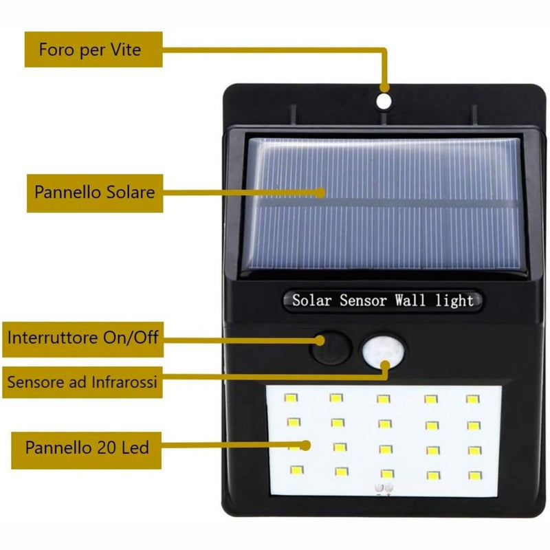 JUEGO DE 4 FOCOS LED DE EXTERIOR LUZ FRIA CON SENSOR DE MOVIMIENTO CON RECARGA DE ENERGIA SOLAR