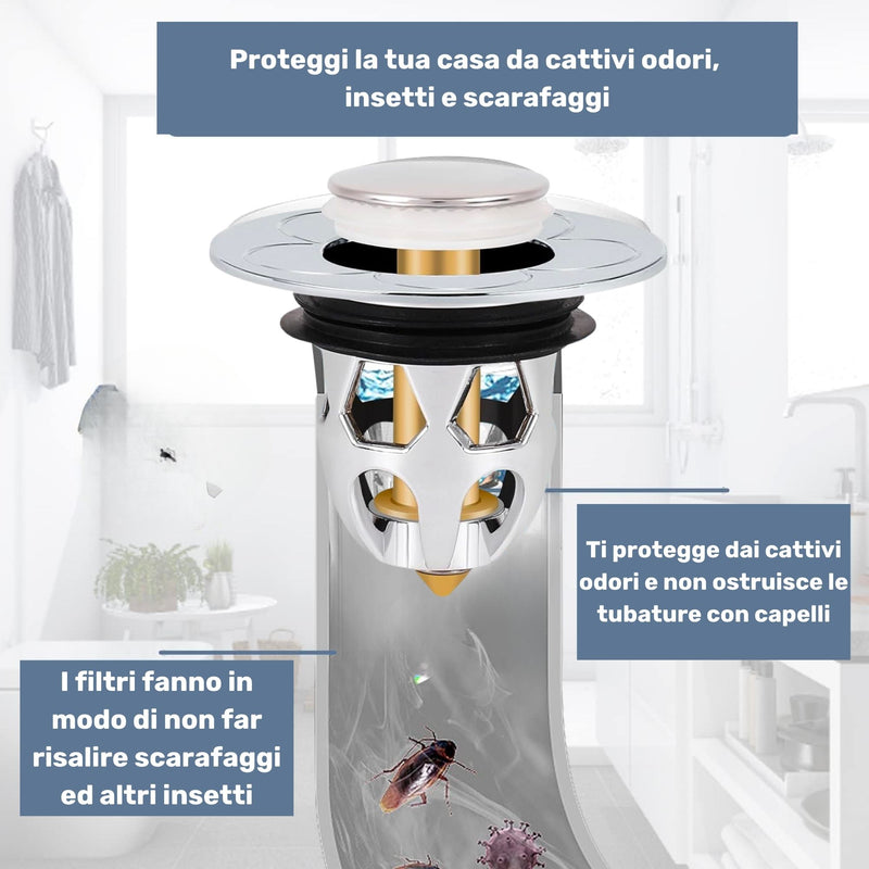 Tappo Lavandino Vasca Universale Pop-up Anti-insetti & Anti-odore